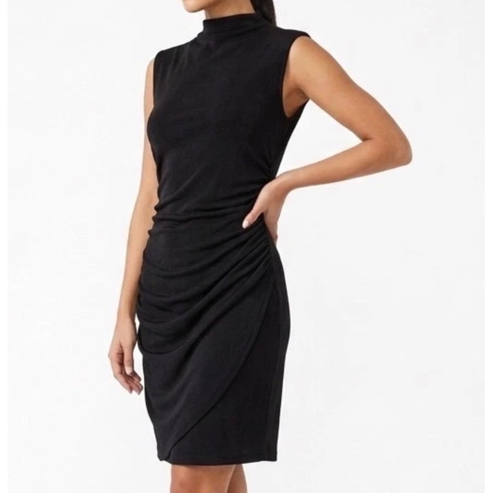 A New Day Velvet Sheath Dress Womens L Black Ruched Mock Neck LBD Cocktail Goth